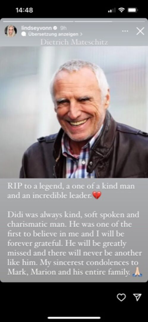 Instagram-Statement von Lindey Vonn zum Tod von Didi Mateschitz.