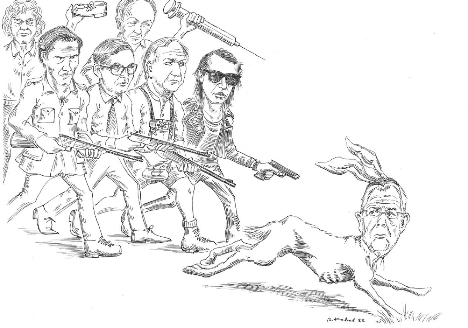 Comic:  Bundespräsident van der Bellen als Hase, gejagt von den 6 anderen Präsidentschafts-Kandidaten