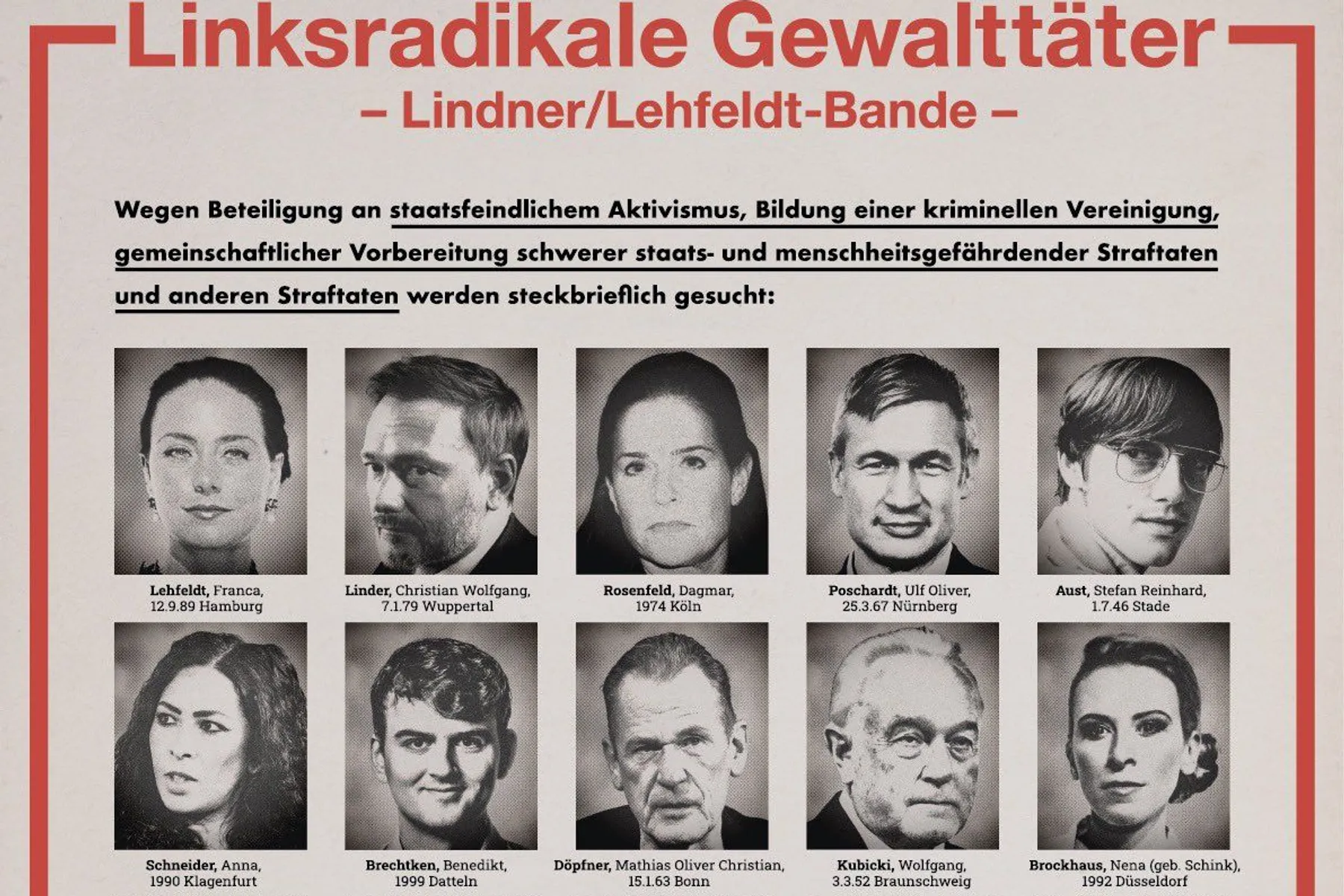 Plakat mit Schwarzweißfotos und Überschrift Linksradikale Gewalttäter