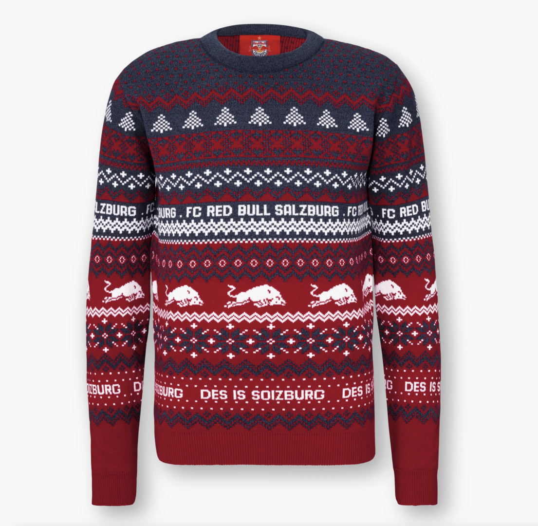 Blau-roter Weihnachtspullover vom FC Red Bull Salzburg. | Credit: Red Bull Salzburg