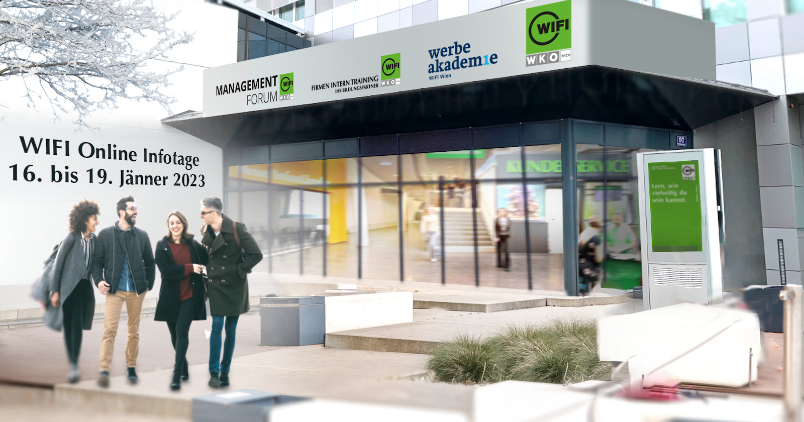 Fröhliche Kursteilnehmer vor einem Gebäude des WIFI Wien | Credit: Florian Wieser