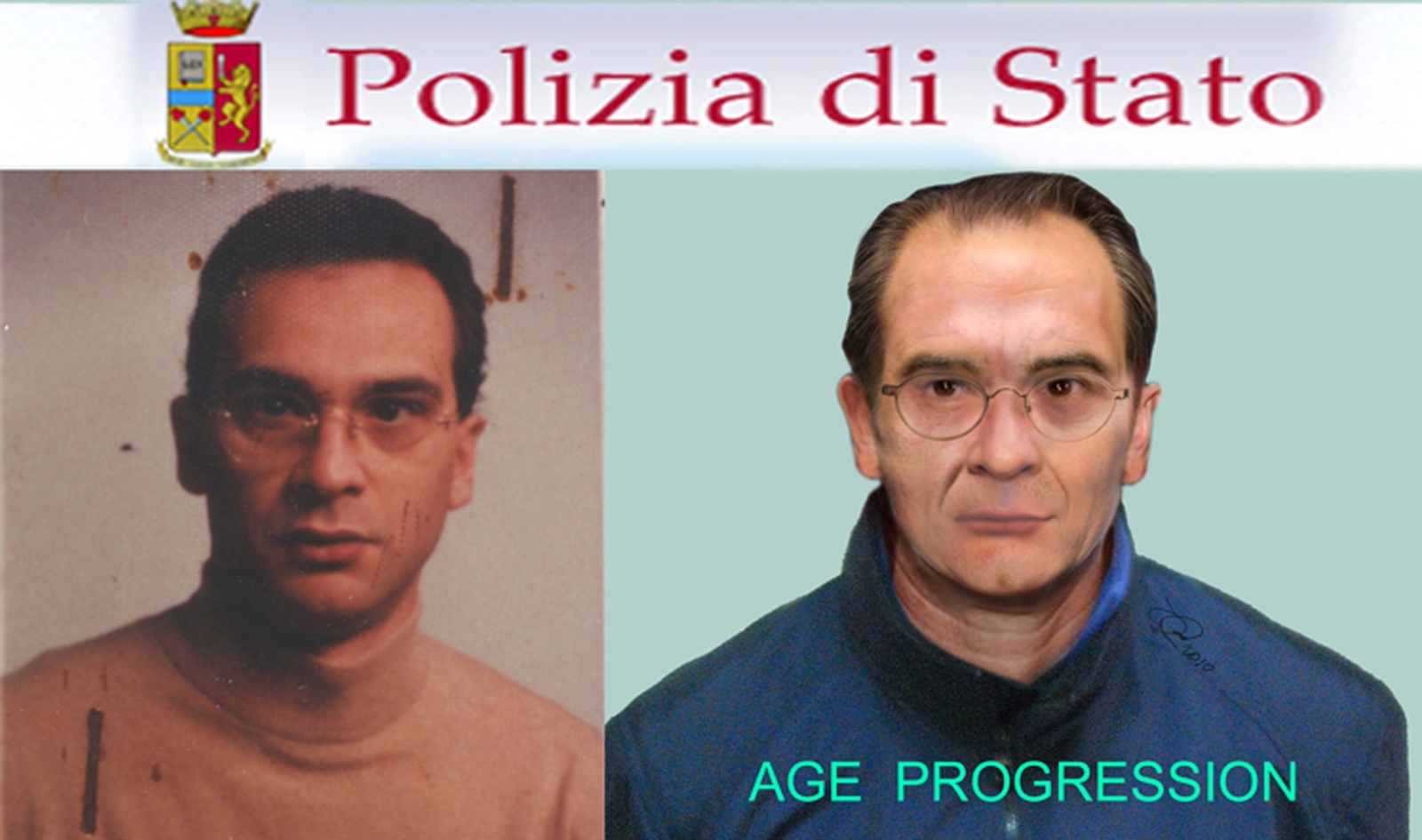 Zwei Fahndungsbilder von Matteo Messina Denaro aus dem Jahr 2011. | Credit:  POLICE / EPA / picturedesk.com