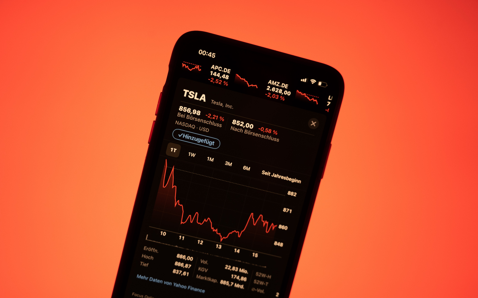 Tesla-Aktie auf einem Smartphone. | Credit: Daniel Reinhardt / dpa / picturedesk.com