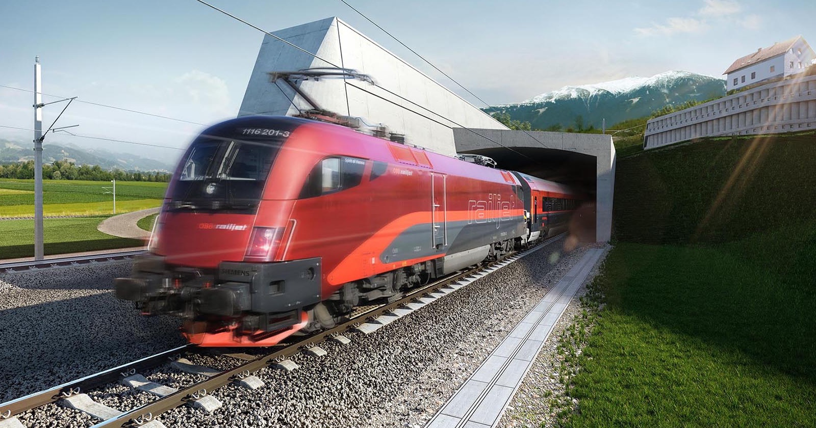 Ein roter Zug der ÖBB fährt aus einem modern gestalteten Tunnel aus