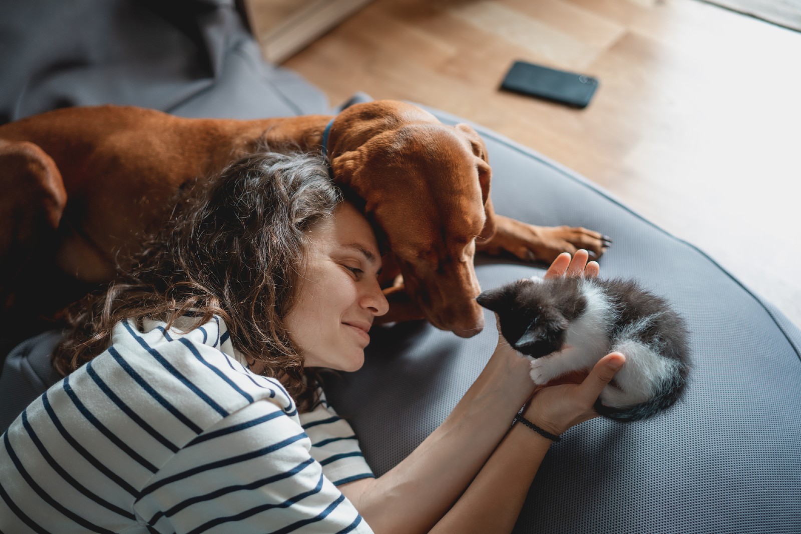 Frau kuschelt mit Hund und Katze | Credit: iStock.com/Olezzo