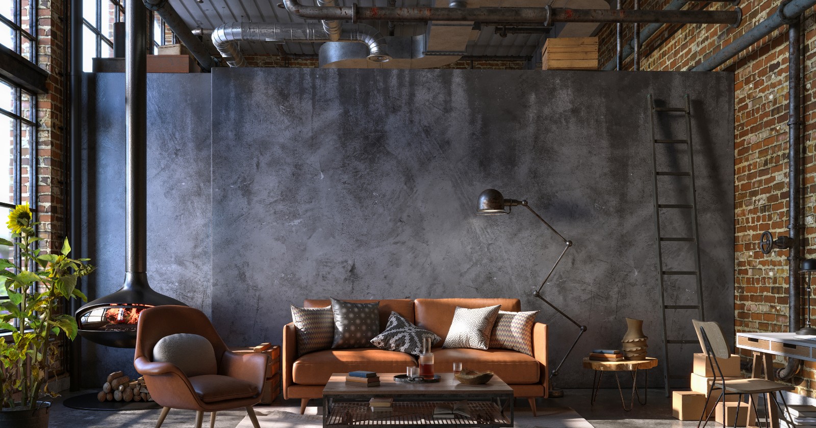 Wohnzimmer mit Rohren an den Wänden und ein Ledersofa steht im Raum | Credit: iStock.com/Vasyl Cheipesh