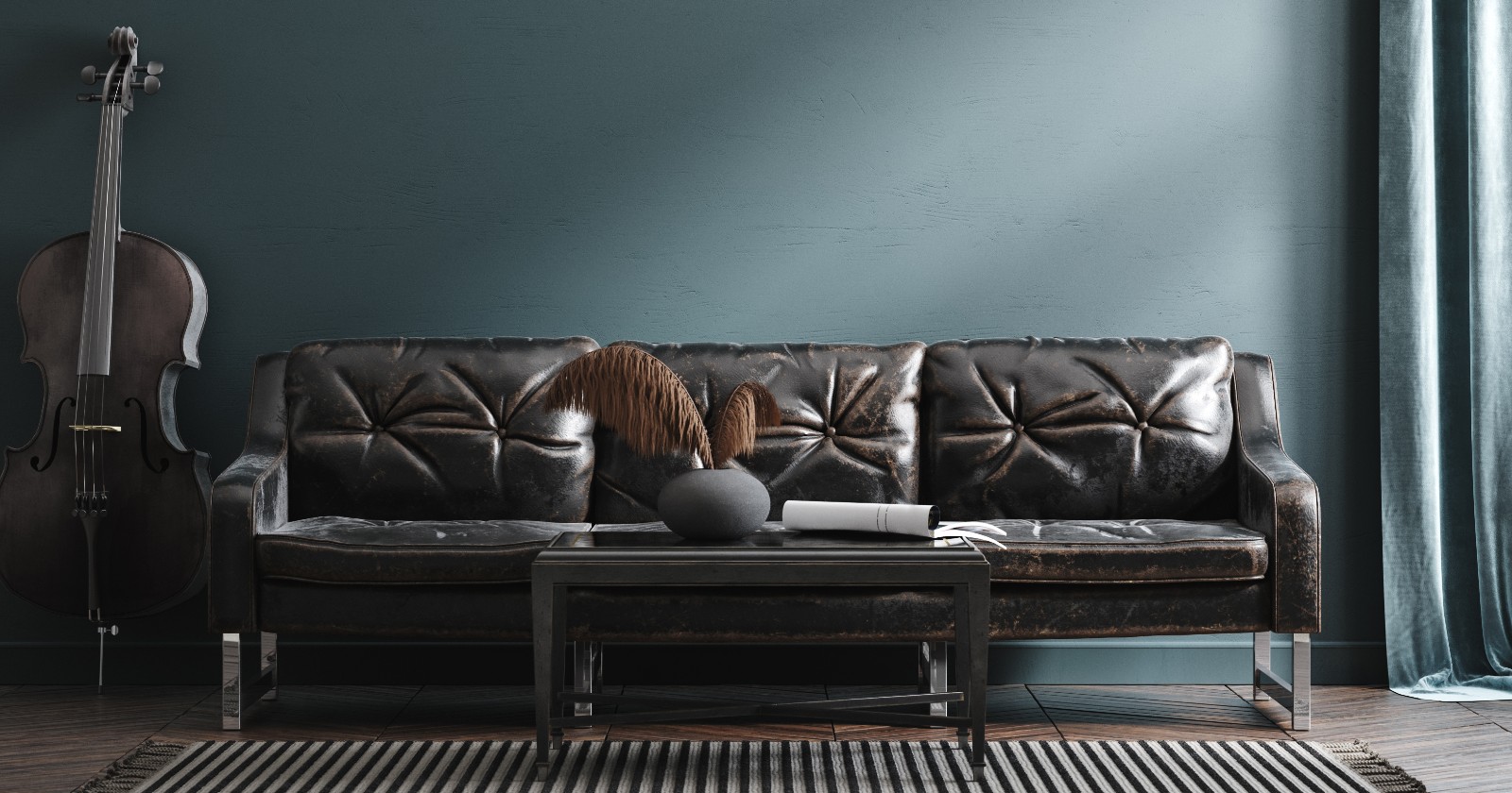 Dunkelbraune Couch steht vor einer schwarzen Wand mit einem Cello | Credit: iStock.com/Artjafara