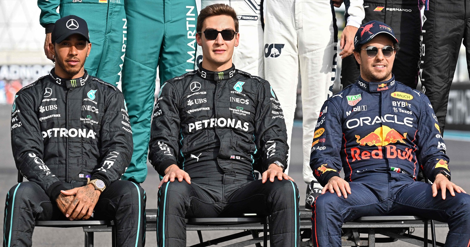 Lewis Hamilton, George Russell (beide Merced) und Sergio Perez (RedBull.)