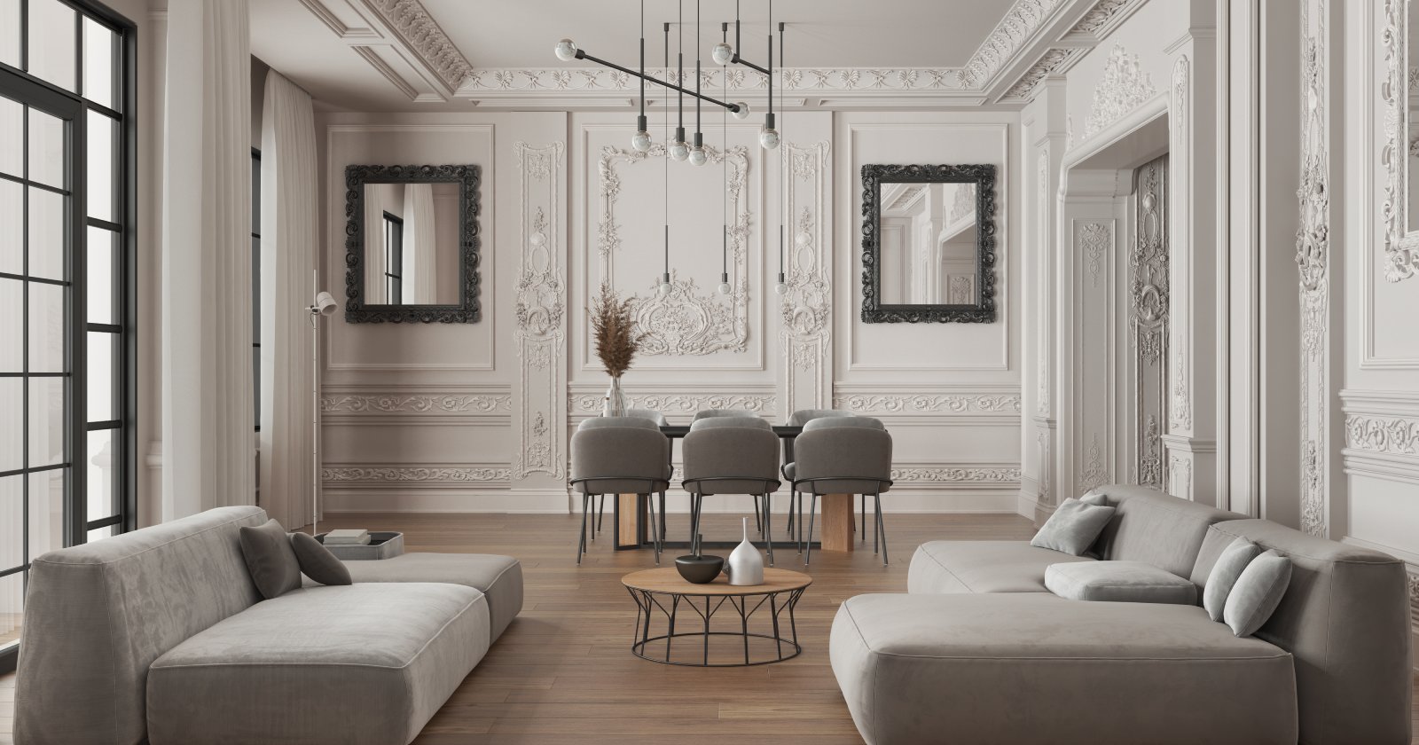 Wohnzimmer mit einer Wand aus Stuck-Deko | Credit: iStock.com/ArchiViz