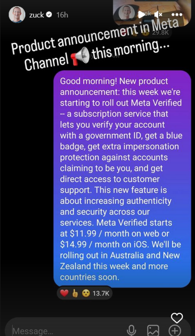 Screenshot der Originalstory von Mark Zuckerberg