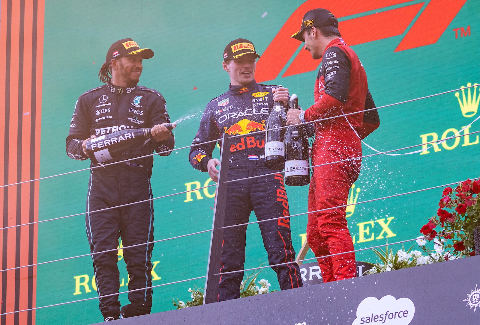 Charles Leclerc, Max Verstappen und Lewis Hamilton