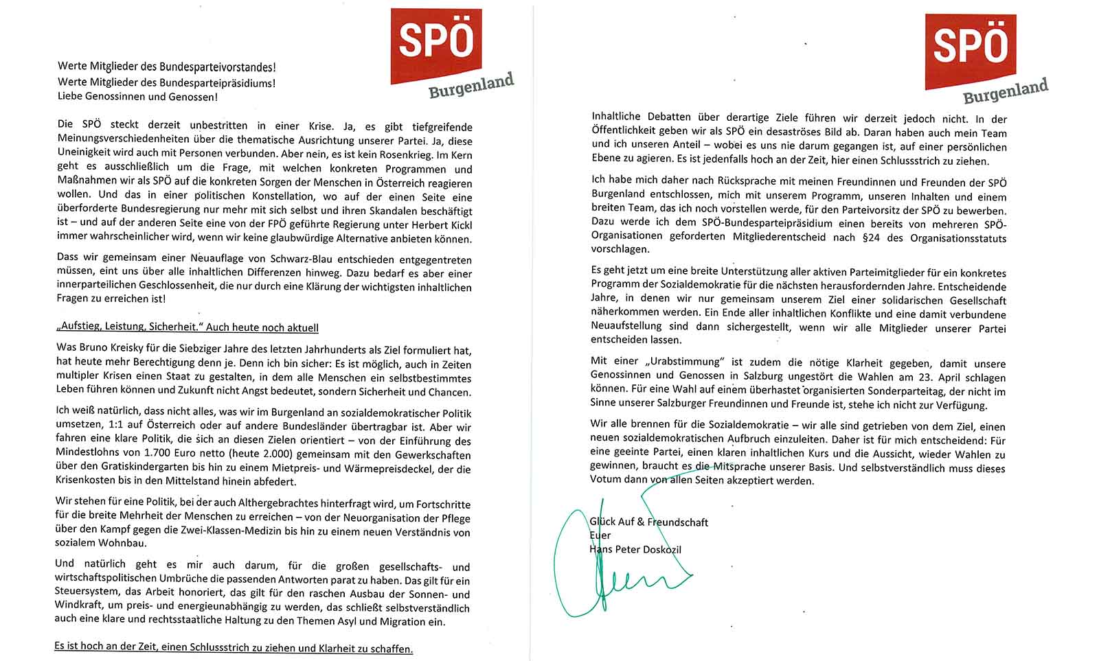 Der Brief von Hans Peter Doskozil an die SPÖ-Parteigremien