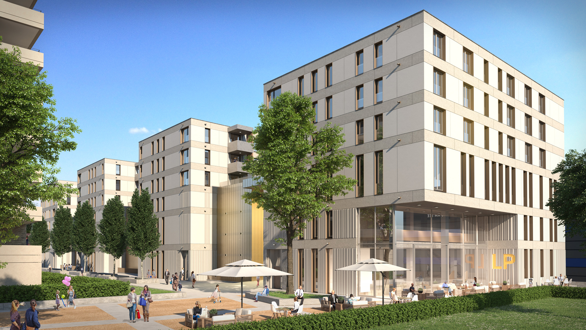 Das Vierlinden-Quartier und der Lindaupark laden künftig zum Flanieren ein.