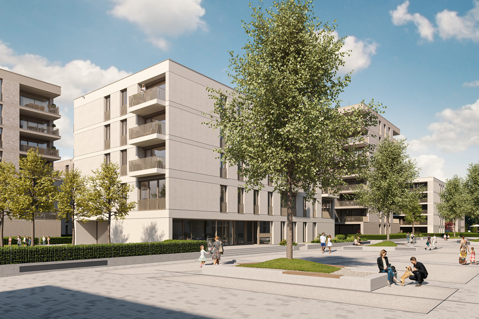 Im Vierlinden-Quartier und in den Wohnhäusern des Lindauparks entstehen insgesamt 414 Wohnungen, ein Drittel davon sind EOF-Mietwohnungen.