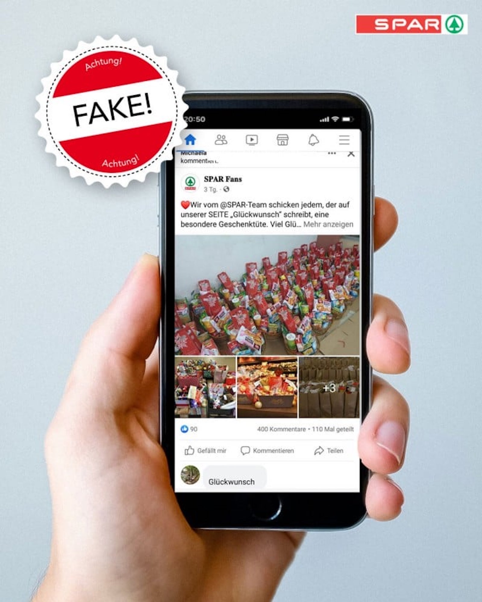 Auf einem Smartphone wird das Fake-Gewinnspiel auf Facebook angezeigt.