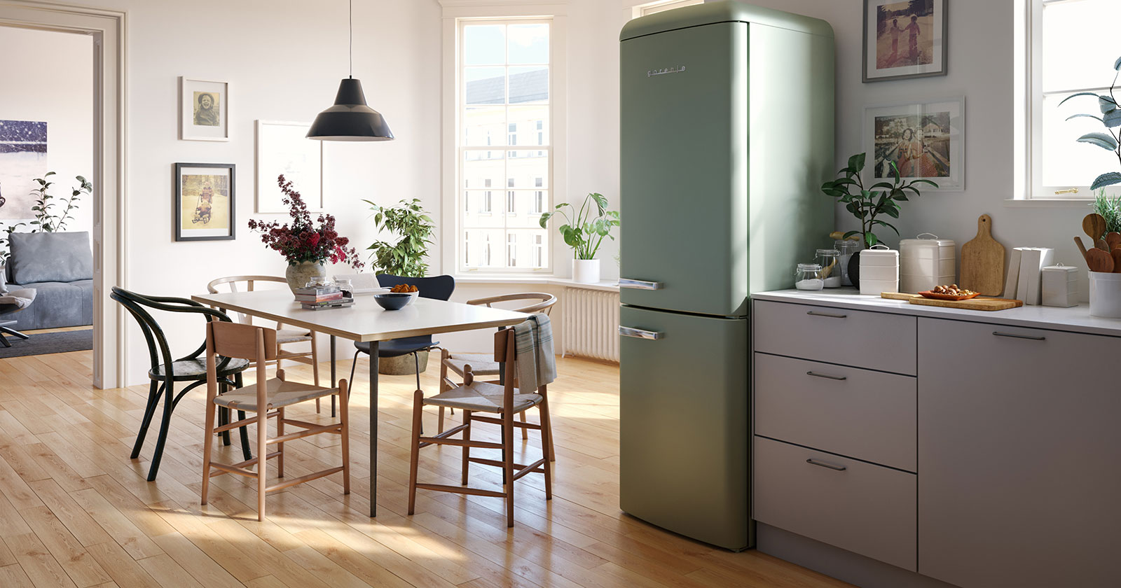 Retro-Kühlschrank im Stil der 1950er-Jahre in Olive | Credit: Hisense Gorenje Austria GmbH