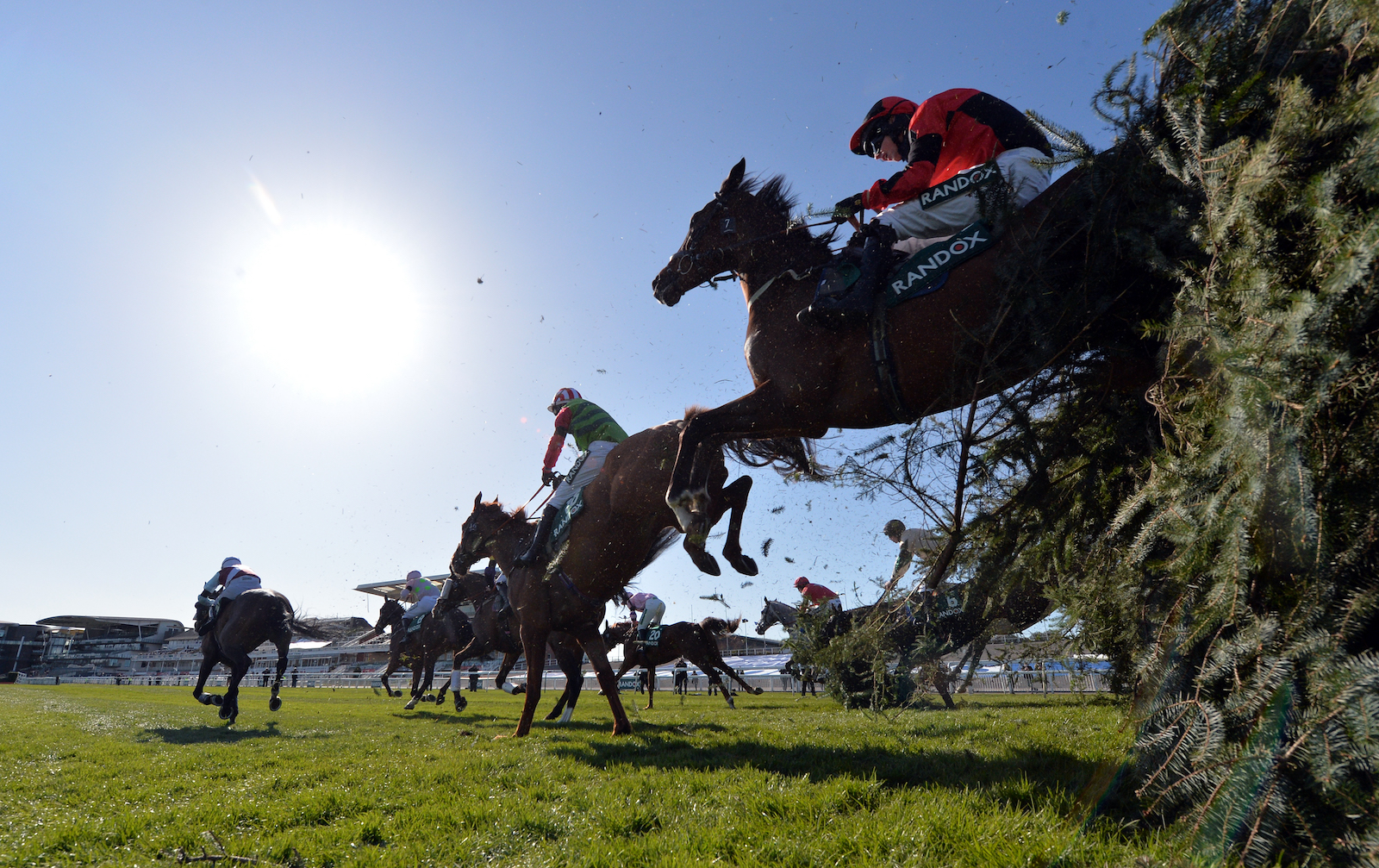 Reiter und Pferde springen über die extrem hohen Hindernisse.