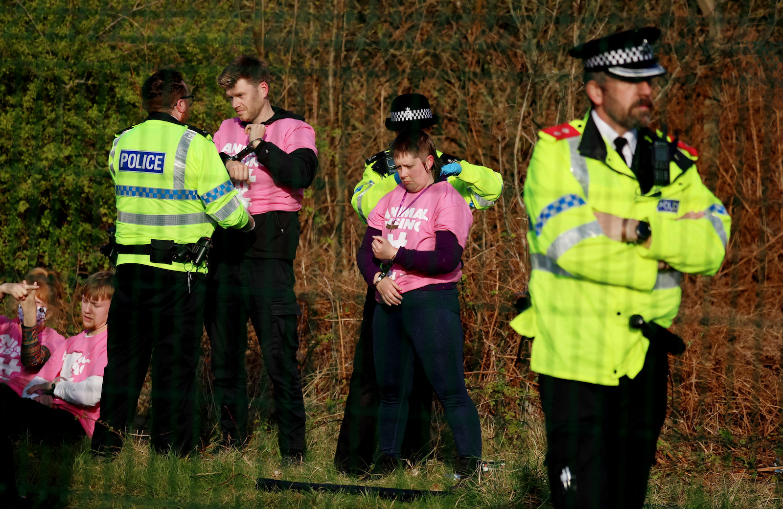 Polizisten nehmen Tierschutz-Aktivisten fest.
