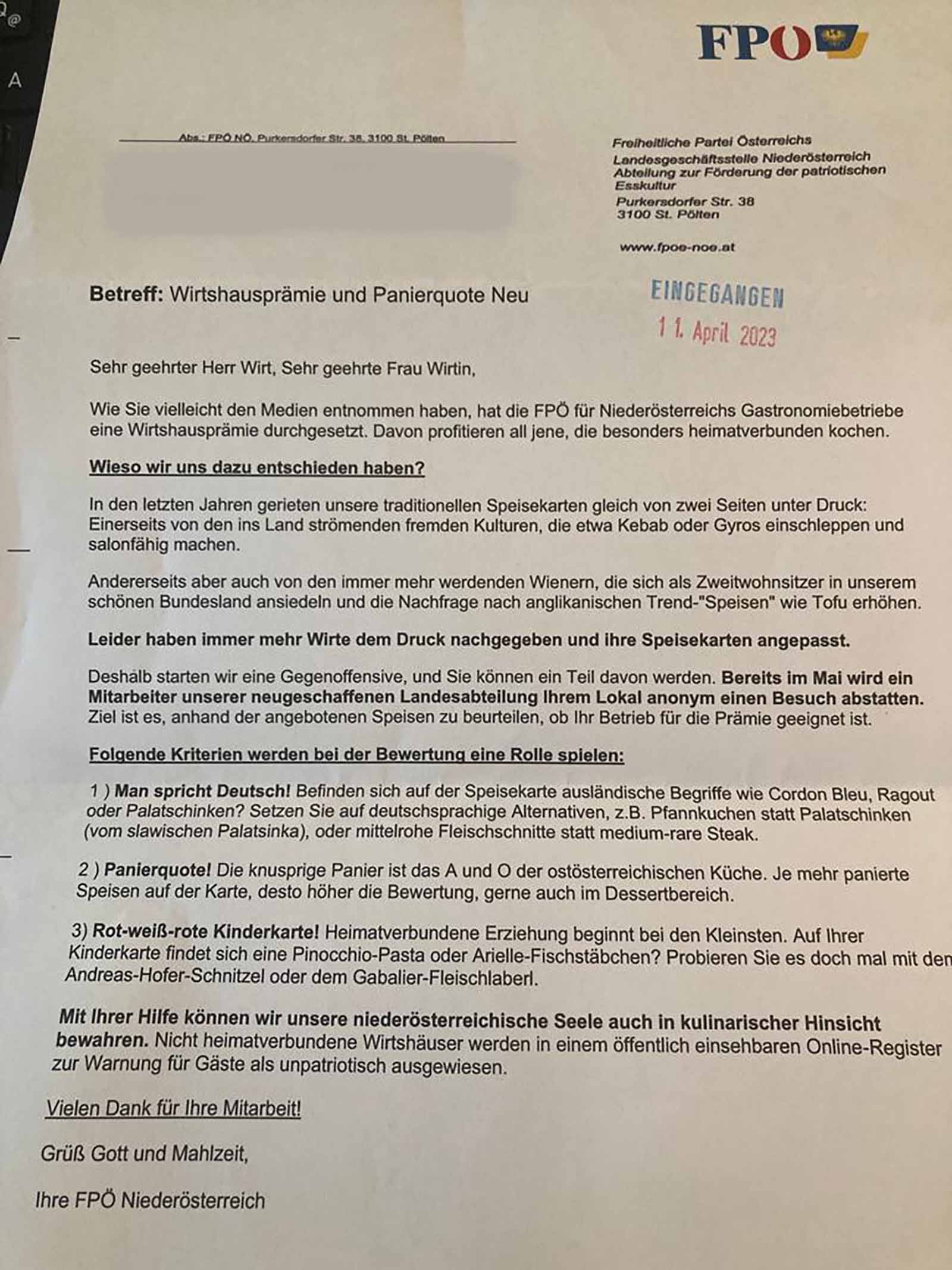 Faksimile des verschickten Schreibens