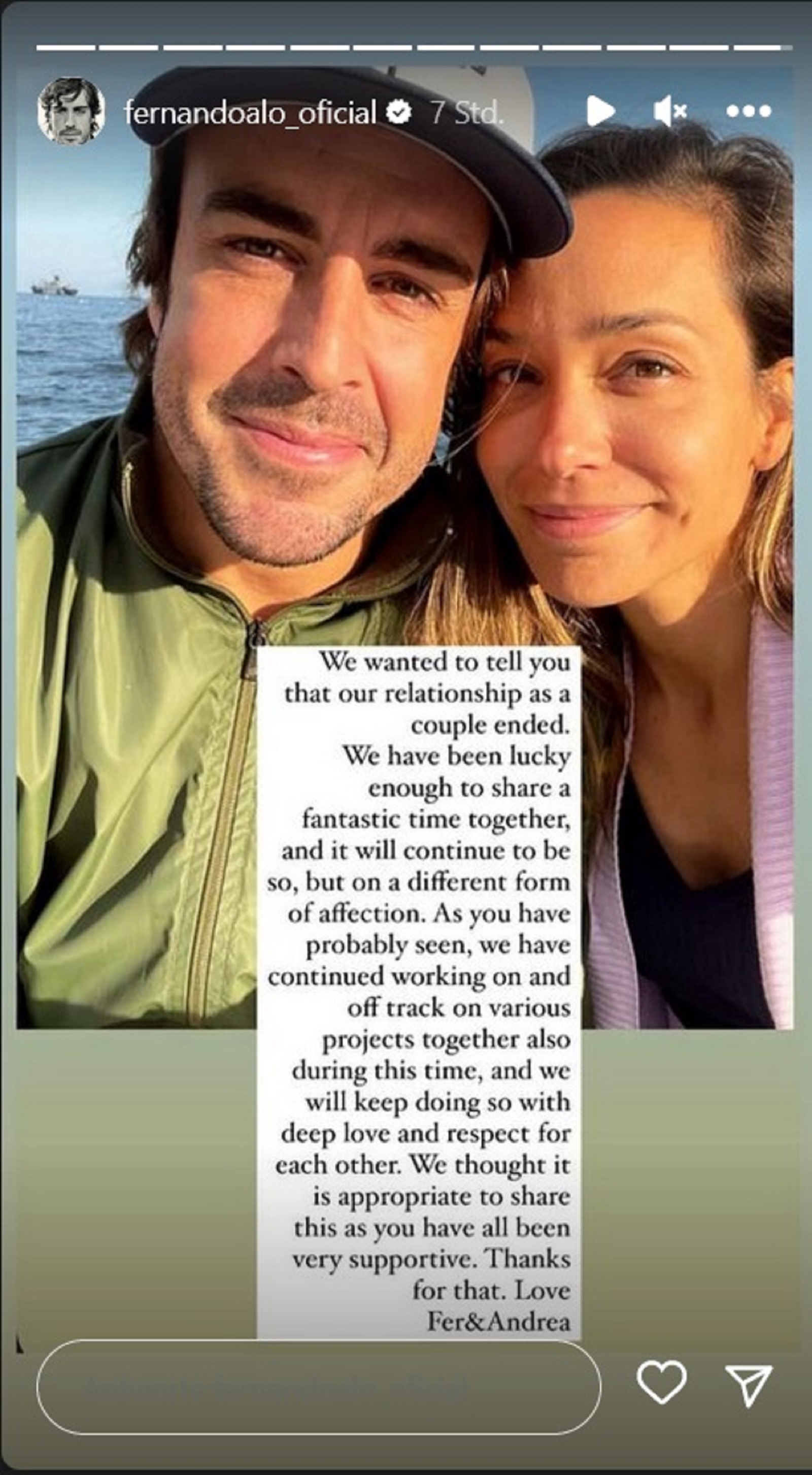 Screenshot der Instagram Story: Englischer Text und ein Selfie von Alonso und Schlager