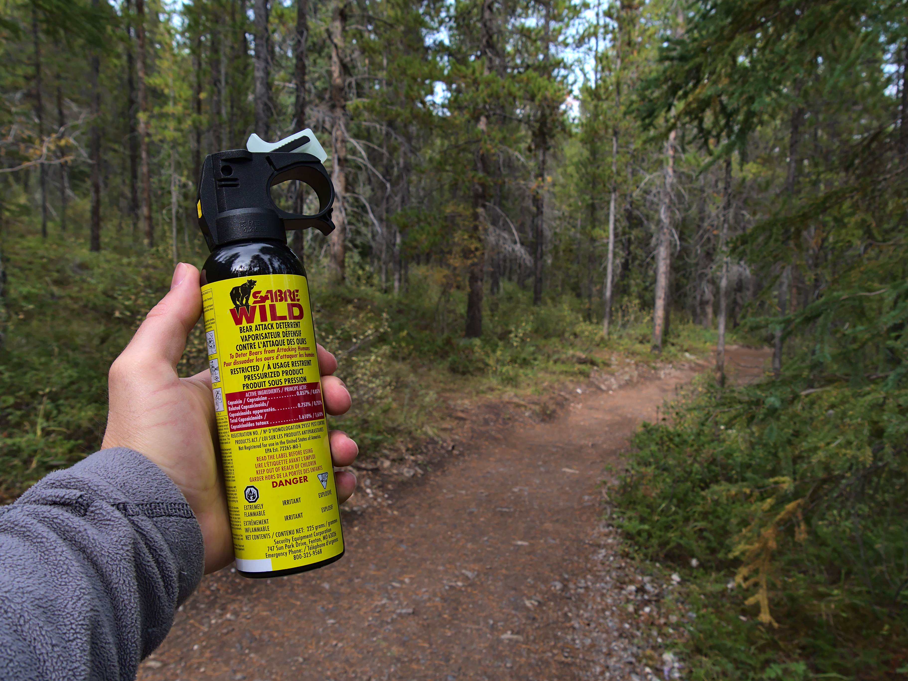 Mensch im Wald hält Bärenspray in der Hand.
