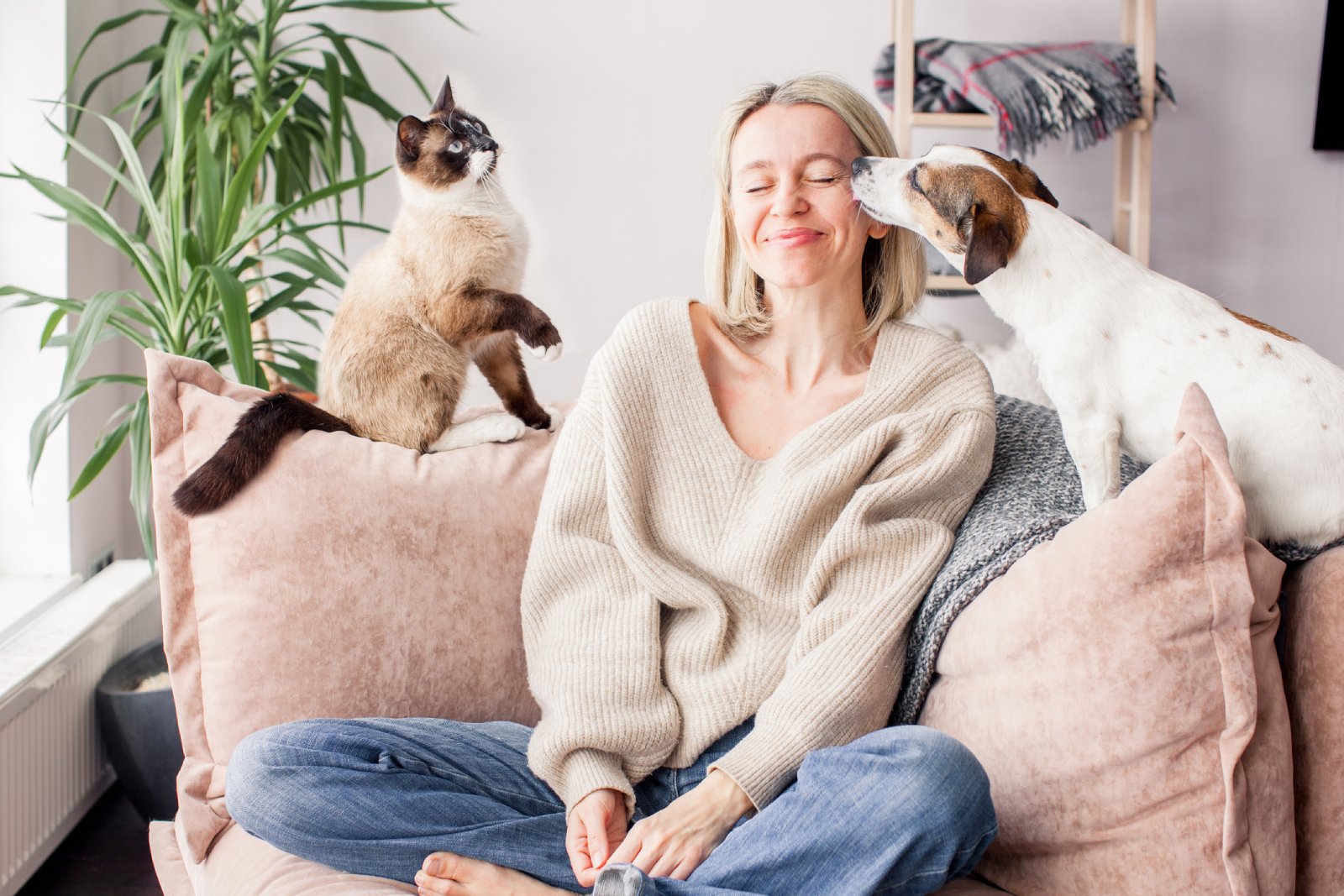 Frau kuschelt mit Hund und Katze auf einem Sitzkissen | Credit: iStock.com/TatyanaGl