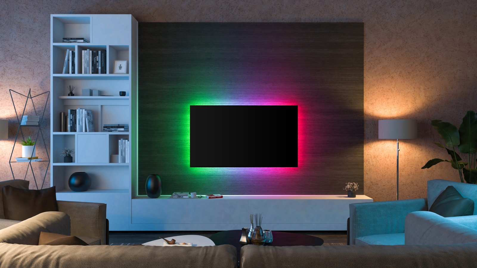 Bunte LED-Lichter um einen Fernseher | Credit: iStock.com/pozitivo