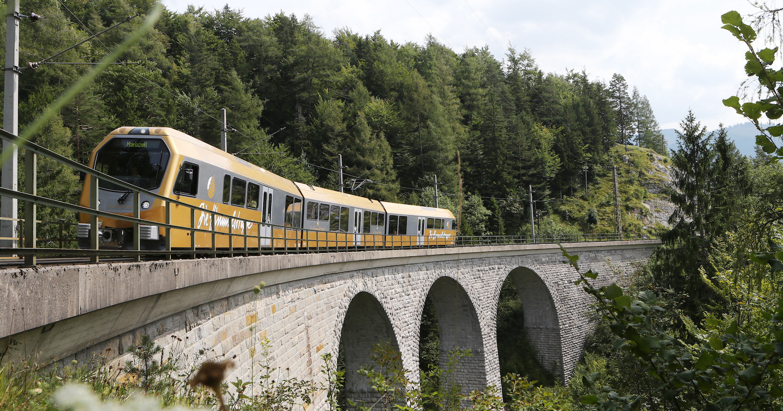 Garnitut der Mariazellerbahn fährt über eine Brücke | Credit: MOSTVIERTEL TOURISMUS/WEINFRANZ.AT