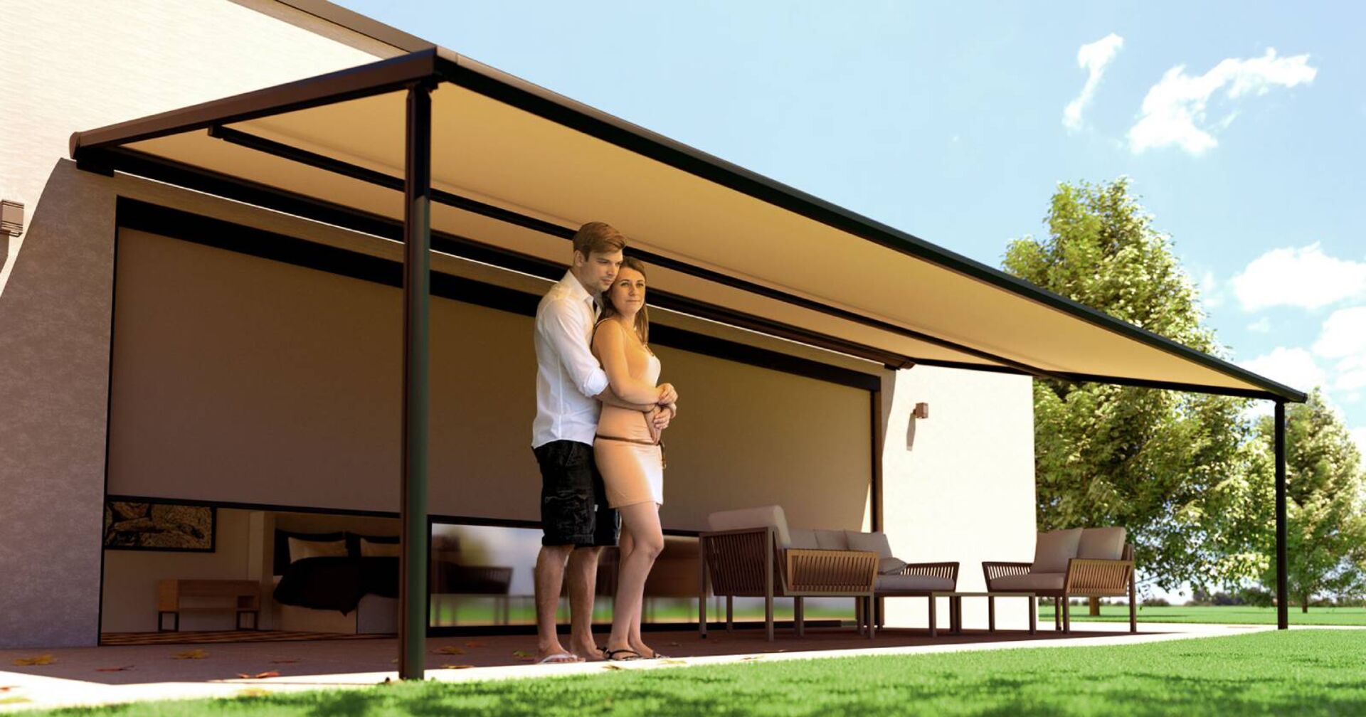 Junges Paar auf einer Terrasse mit Pergolamarkise | Credit: Wolfgang Kraibacher