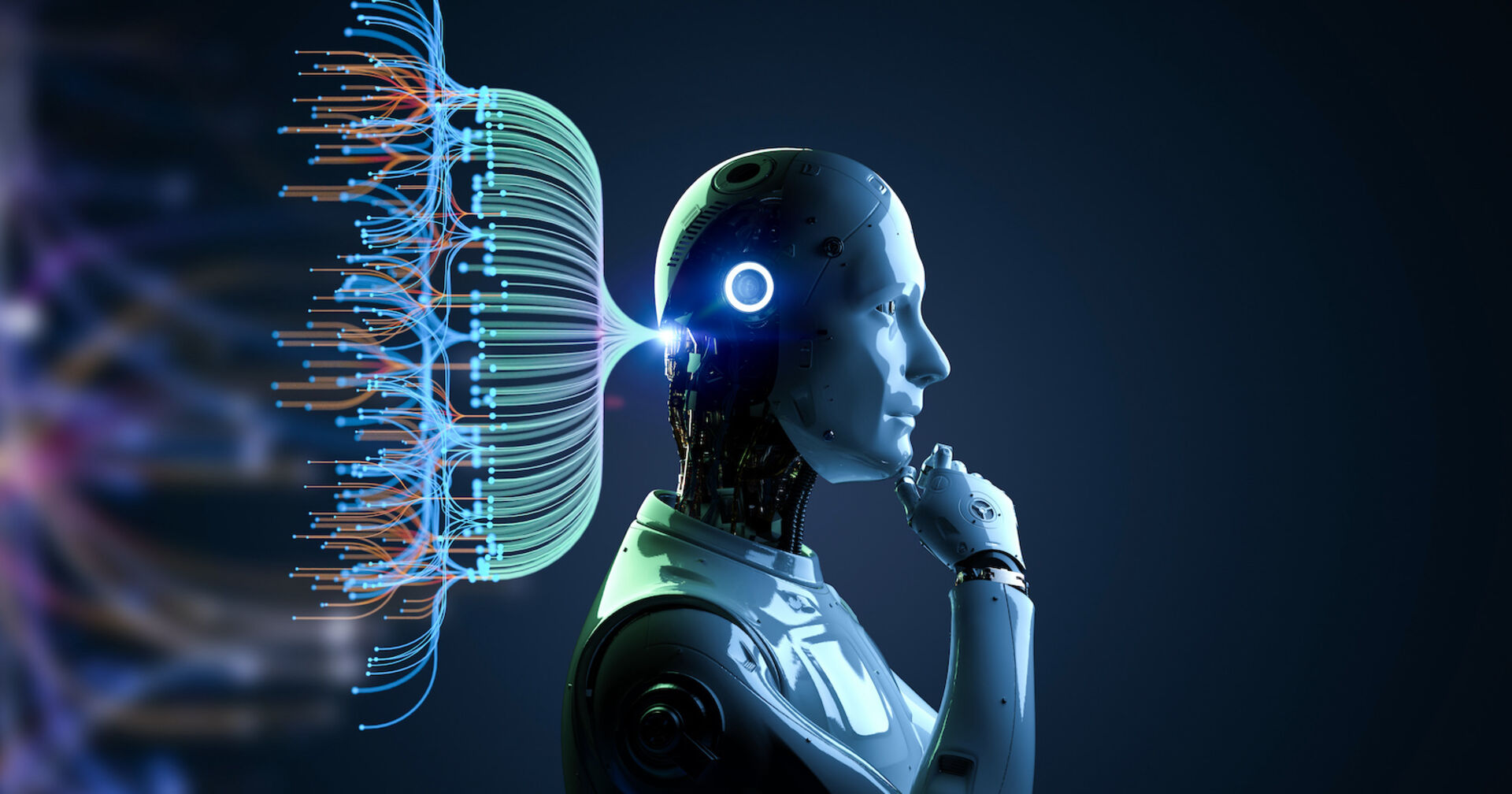 Computeranimiertes Bild: Ein menschenähnlicher Roboter in Denkerpose, die Hand ans Kinn gestützt. Hinter seinem Kopf eine Datenwolke.