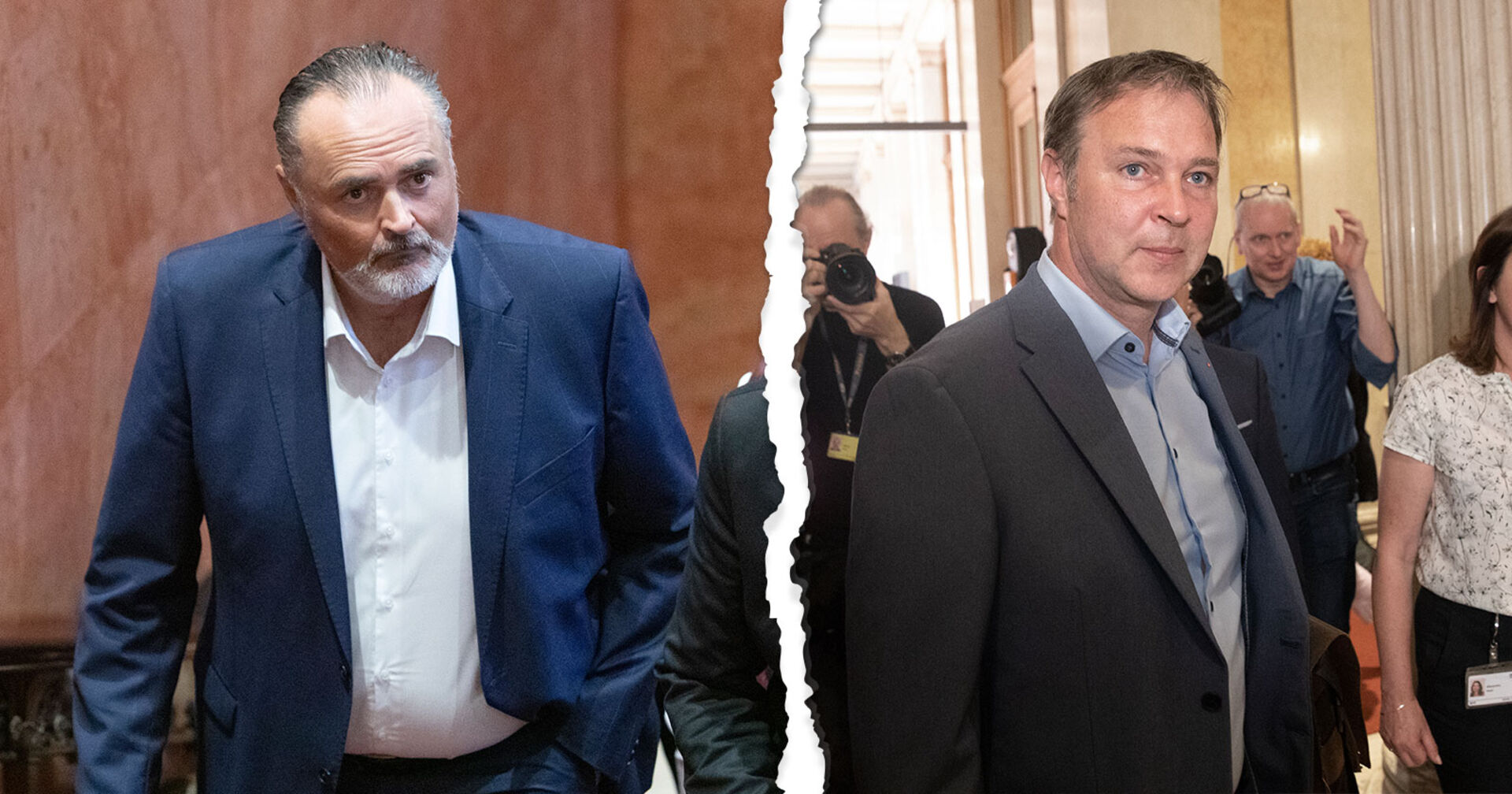 Fotomontage: Links Doskozil nach dem Parteitag, rechts Babler. Durch die Mitte des Bildes geht ein Riss.