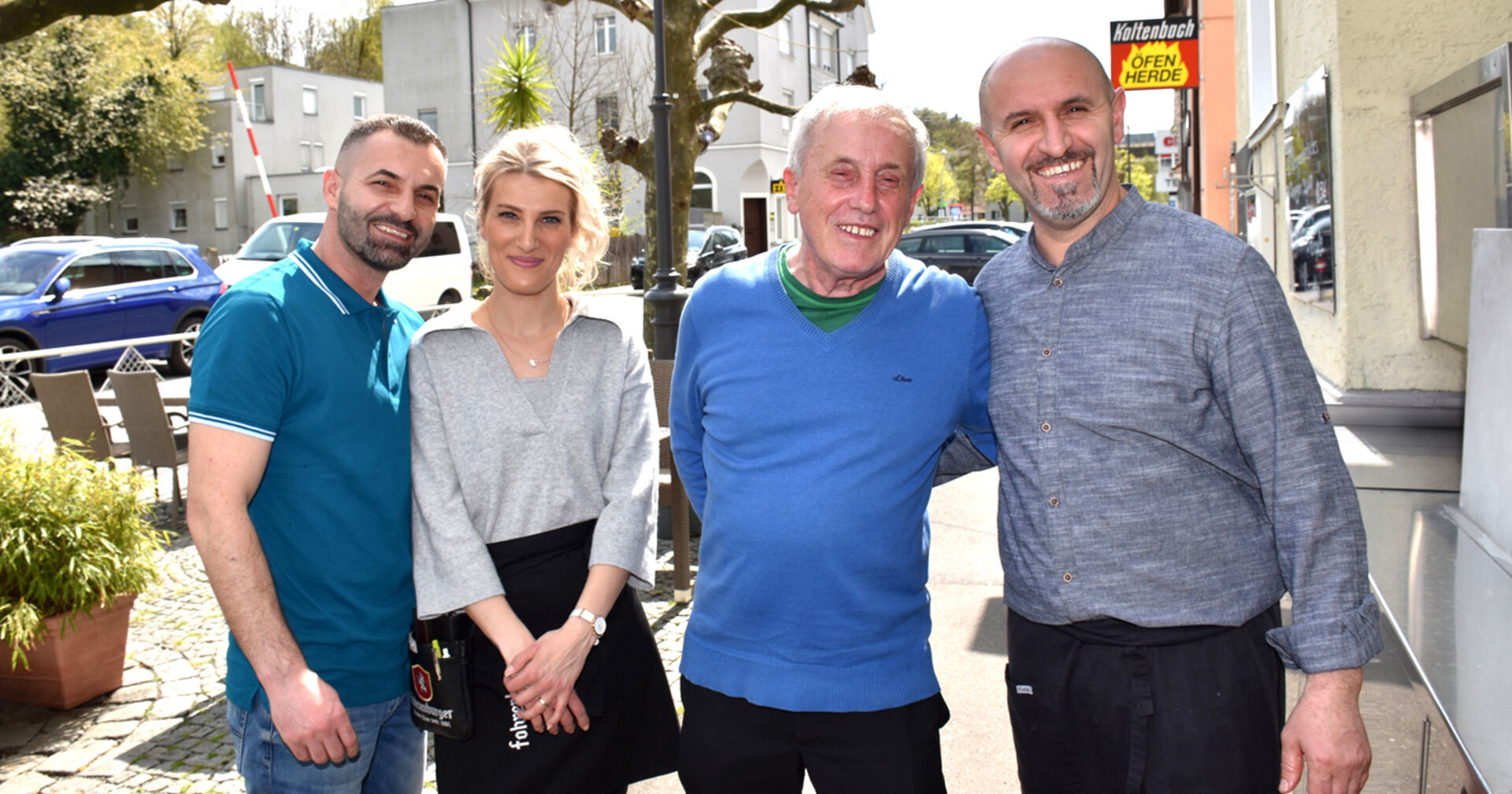 Reblaus-Wirtepaar Elvis und Nora Fejzai, Wort- und Textkünstler  „K Dütscher“ Egbert Schmoll und DonCamillo und Reblaus-Chef Feriz Fejzai (v. li.)