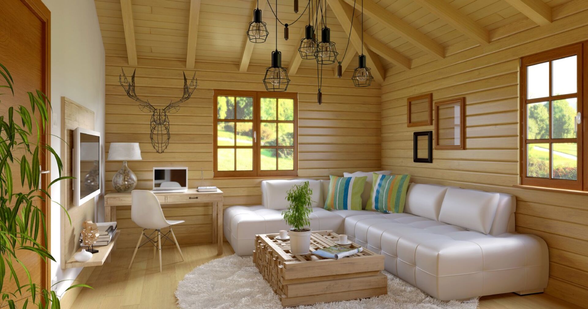 Holzelemente in einem Wohnzimmer im Schweizer Landhausstil | Credit: iStock.com/Jovy86