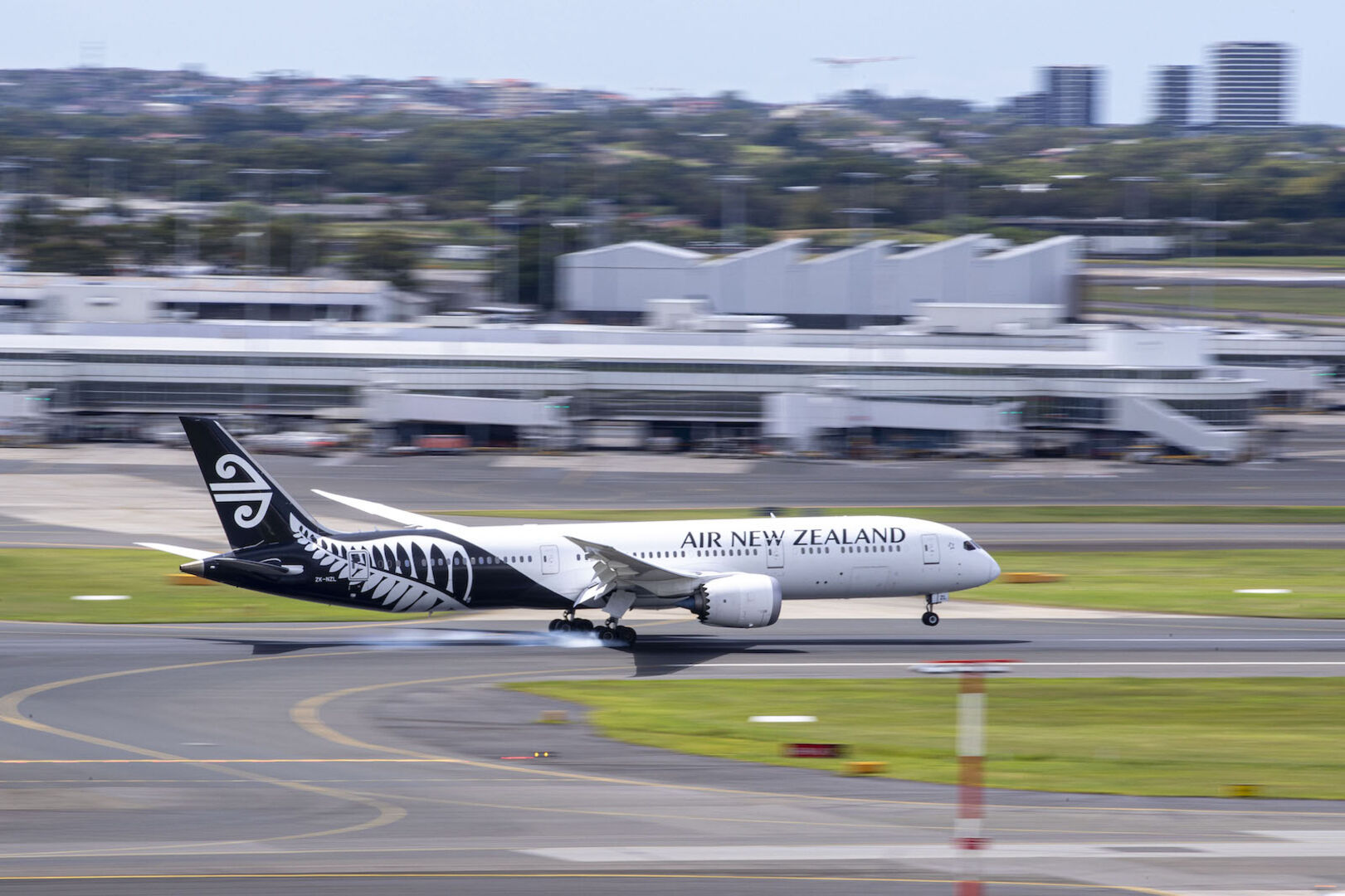 Ein Flugzeug landet an einem Flughafen.