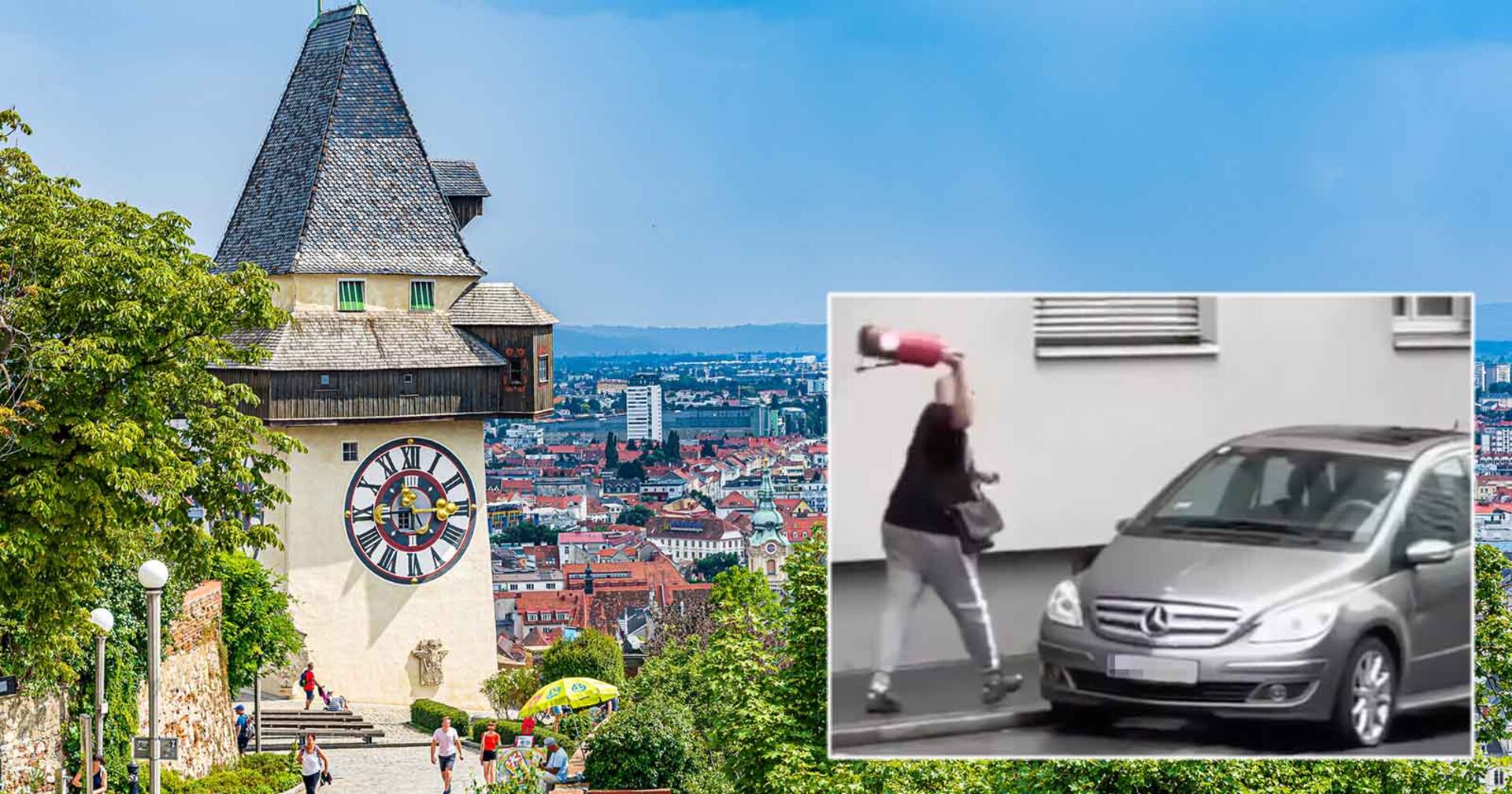 Montage Grazer Uhrturm im Hintergrund und Mann der mit einem Feuerlöscher auf ein Auto einschlägt