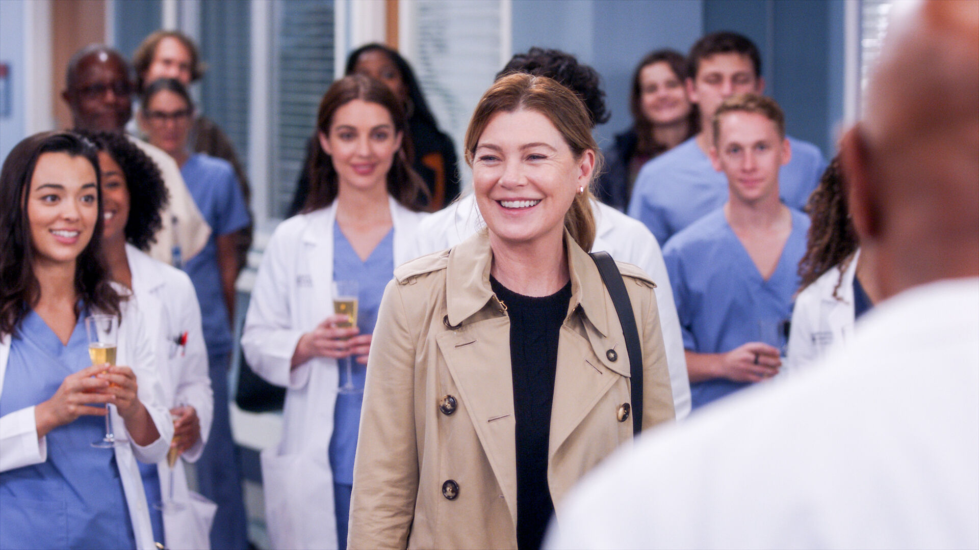 Meredith Grey inmitten ihrer Kollegen zum Abschied aus der Serie Greys Anatomy