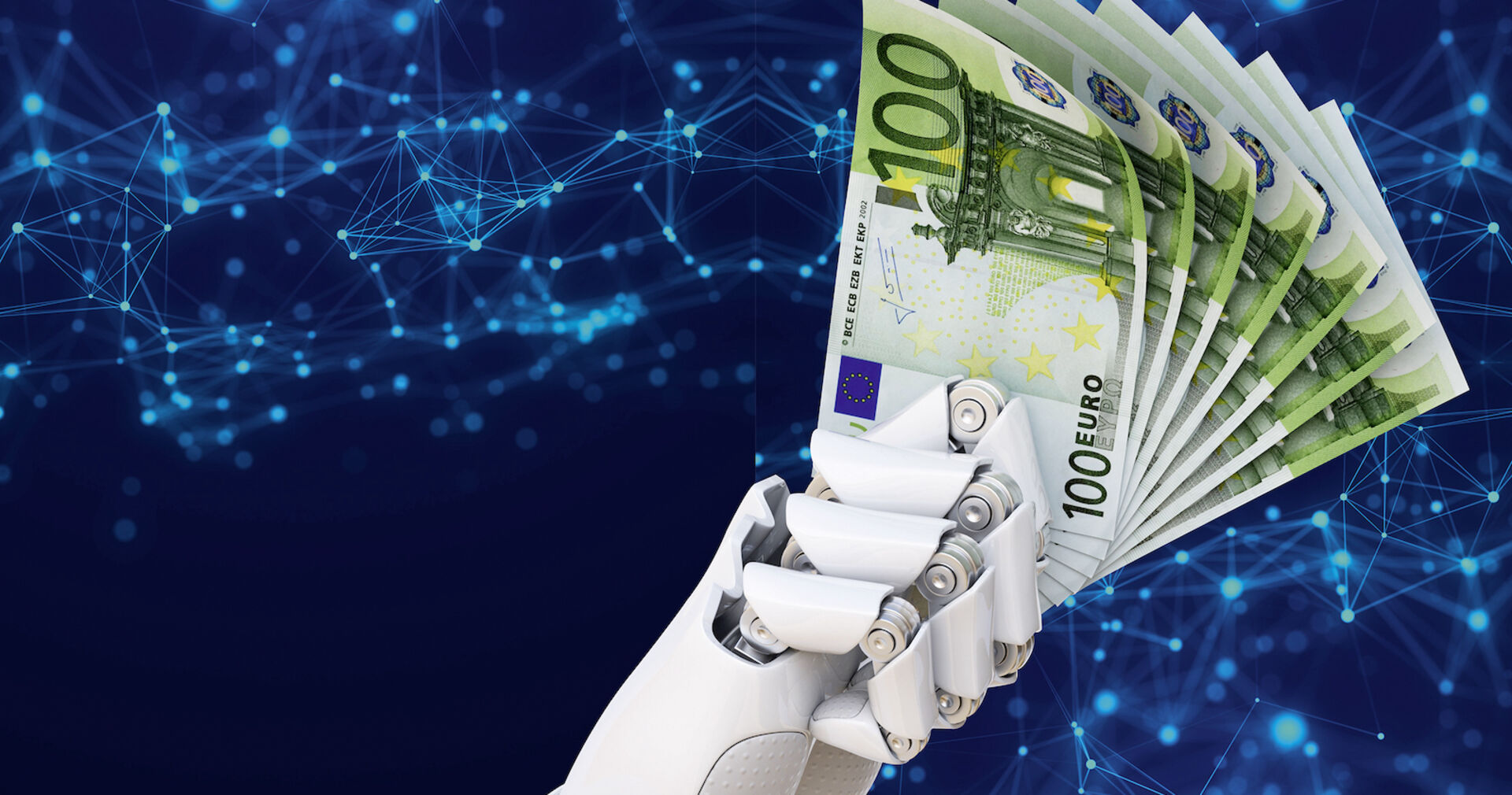 Roboterhand hält 100 Euro Scheine