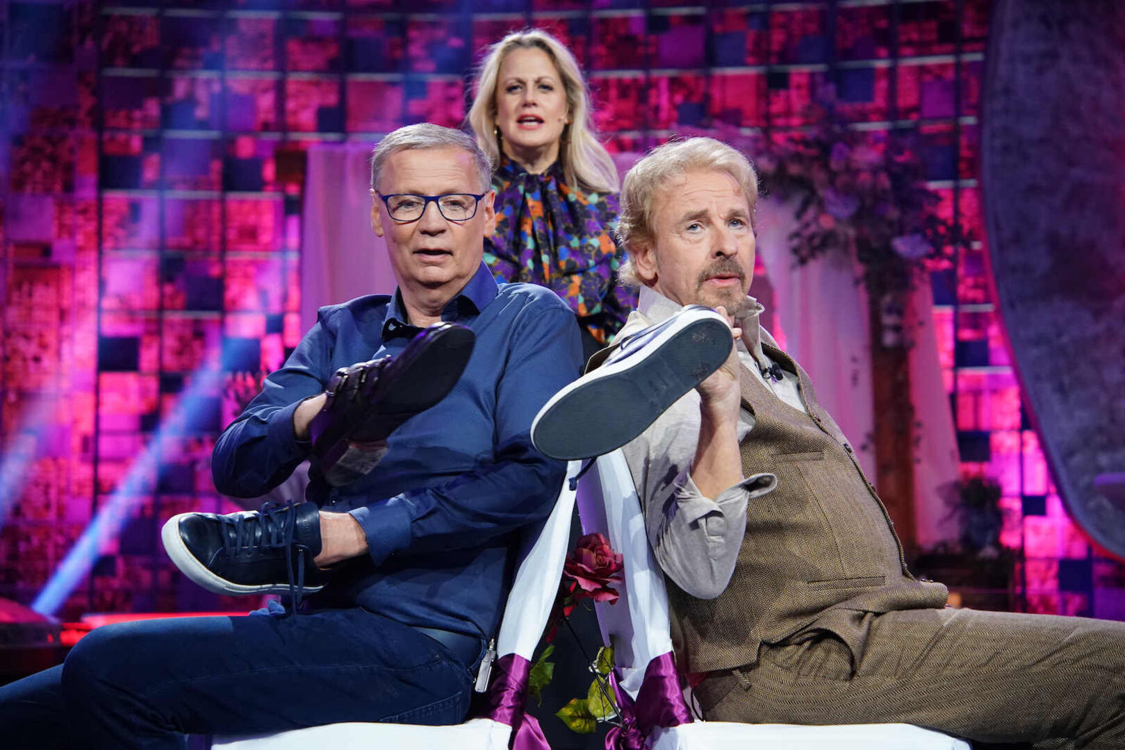 Promo-Bild für die Show &quot;Denn sie wissen nicht, was passiert!&quot; mit Schönberger, Jauch und Gottschalk.