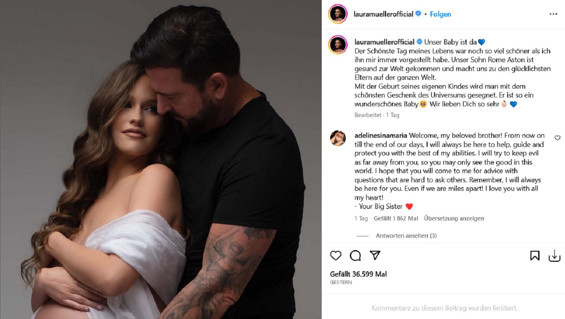 Screenshot des Instagram Postings von Laura Müller. Darunter die Glückwünsche von Wendlers Tochter