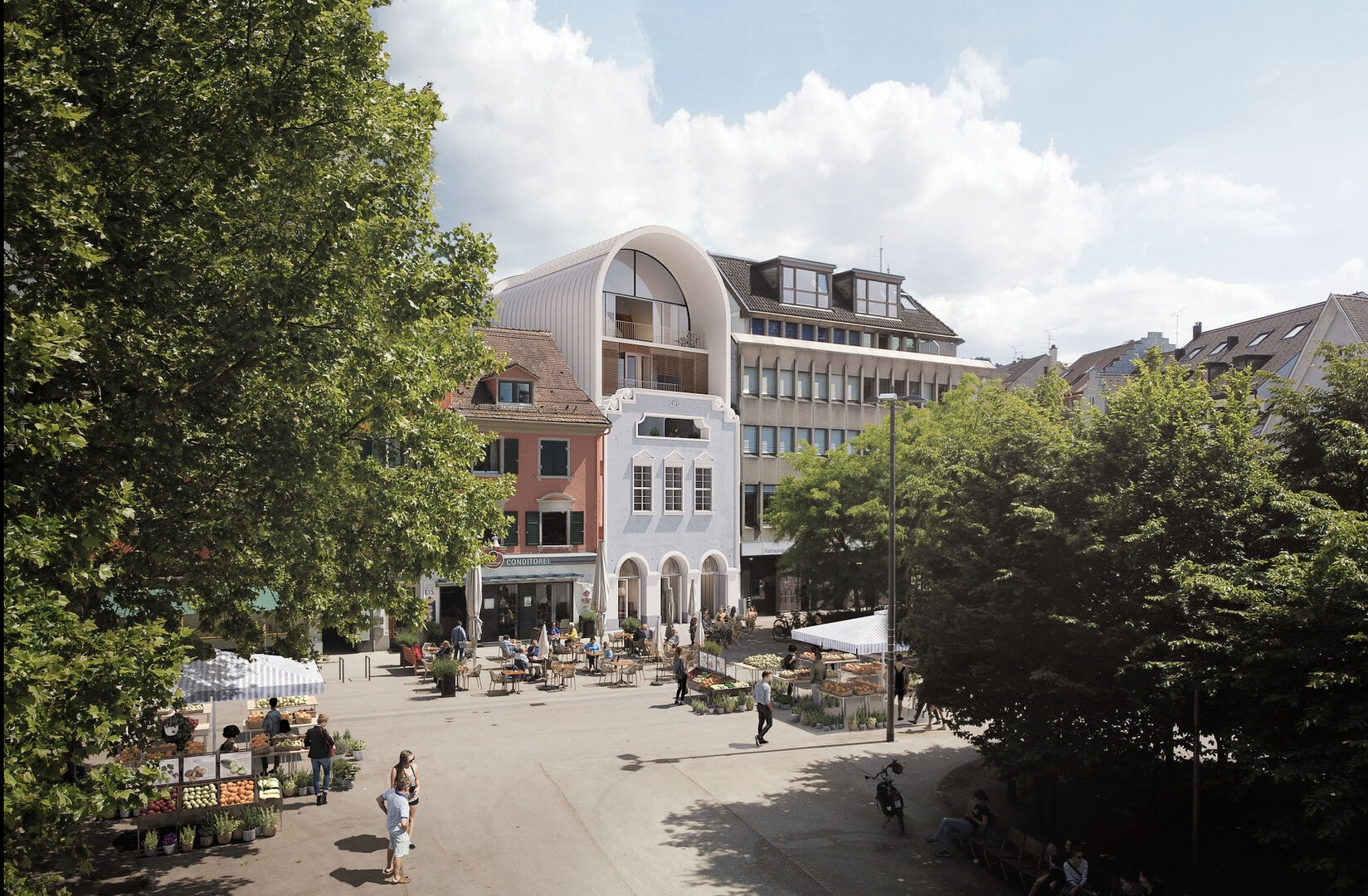 Visualisierung des geplanten Stadthotels „kleiner Löwe“ am Kornmarktplatz in Bregenz.
