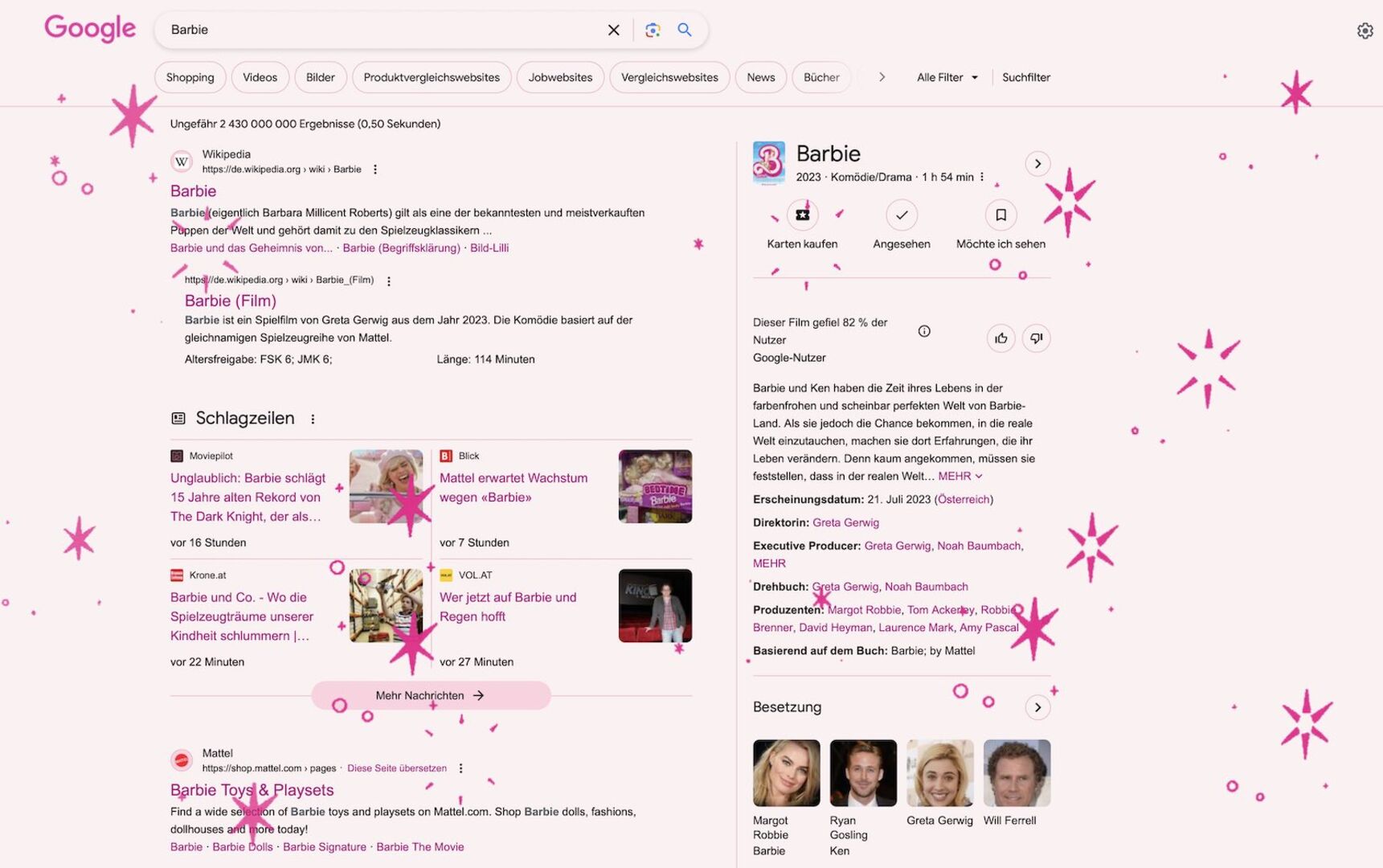 Pinkes Feuerwerk und rosa eingefärbte Google-Seite.