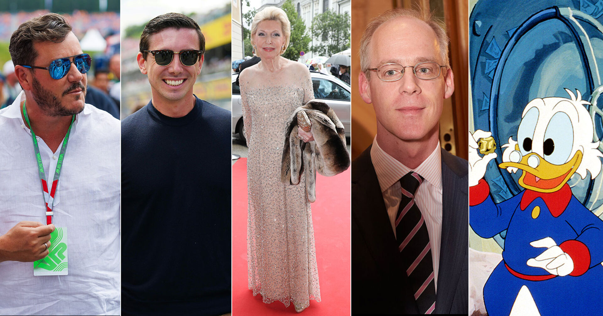 Collage: Rene Benko, Mark Mateschitz, Elisabeth-Maria Schaeffler, Georg Stumpf und Dagobert Duck