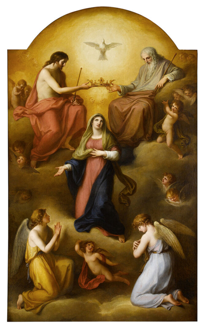 Die Krönung Mariens durch die Heiligste Dreifaltigkeit, 1802, Öl auf Leinwand, Hochaltar, Katholische Pfarrkirche Hl. Dreifaltigkeit, Schwarzenberg