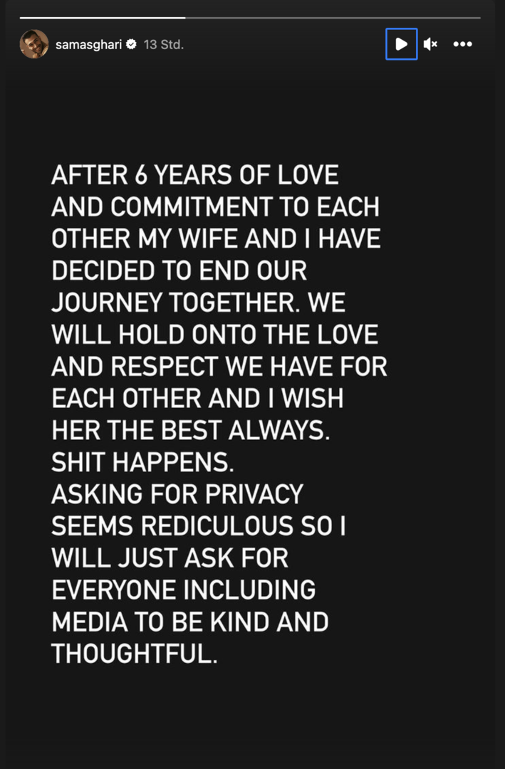 Screenshot des Postings: After 6 years of love and commitemnt to each other my wife and i have decided to end our journey toghether. we will hold onto the love and respect we have for each other and i whish her all the best always. shit happens. asking for privacy seems ridiculous so i will just ask everyone including media to be kind and thoughtful.