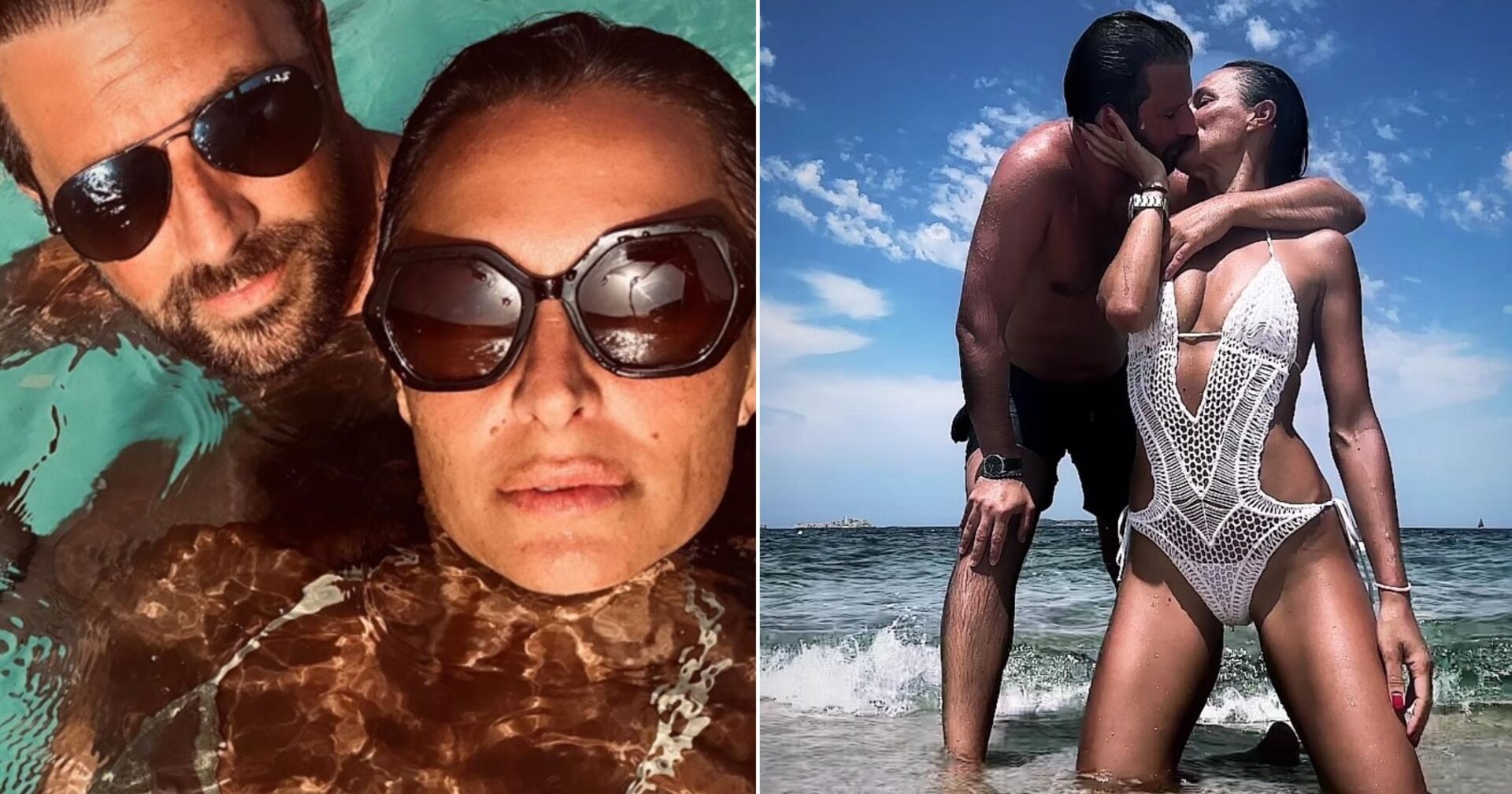 Dornauer und Ambrosi gemeinsam im Wasser im Porträt, Dornauer und Ambrosio sich küssend am Strand in Badekleidung