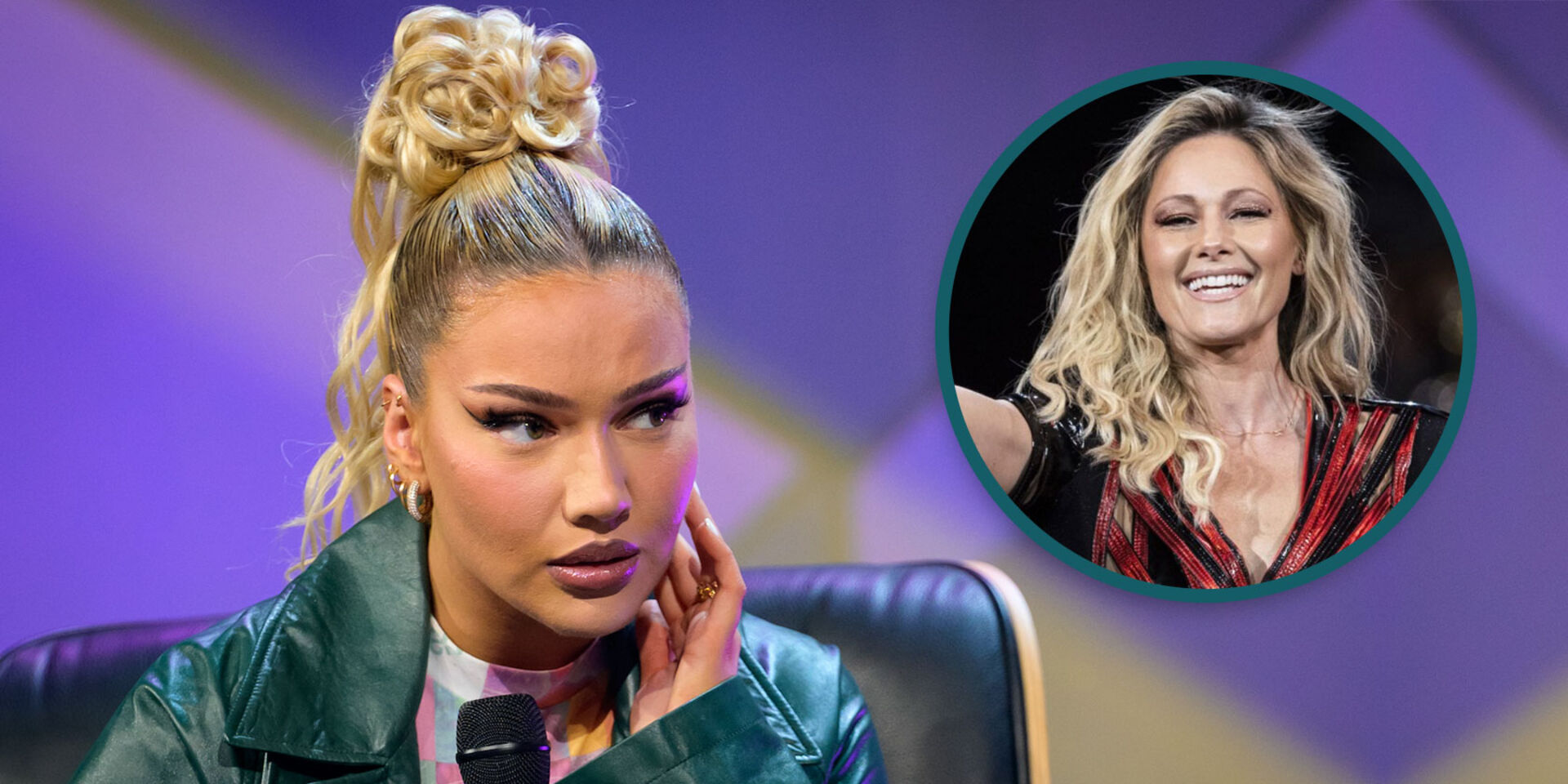 Bildmontage: Shirin David in einer Talkshow, daneben ein kleineres Porträt von Helene Fischer