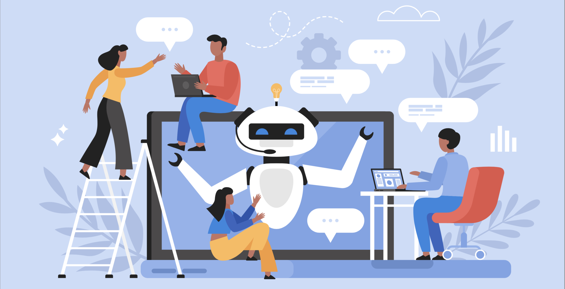 Roboter in der Mitte, rundherum Menschen im Berufsleben