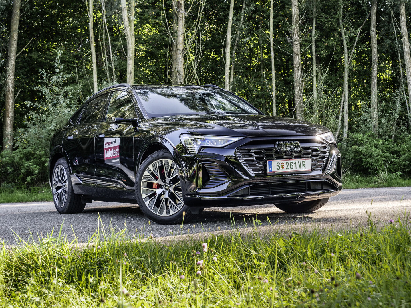 Der Audi Q8 e-tron Sportback frontal von vorne auf einer Straße, die durch einen Wald führt