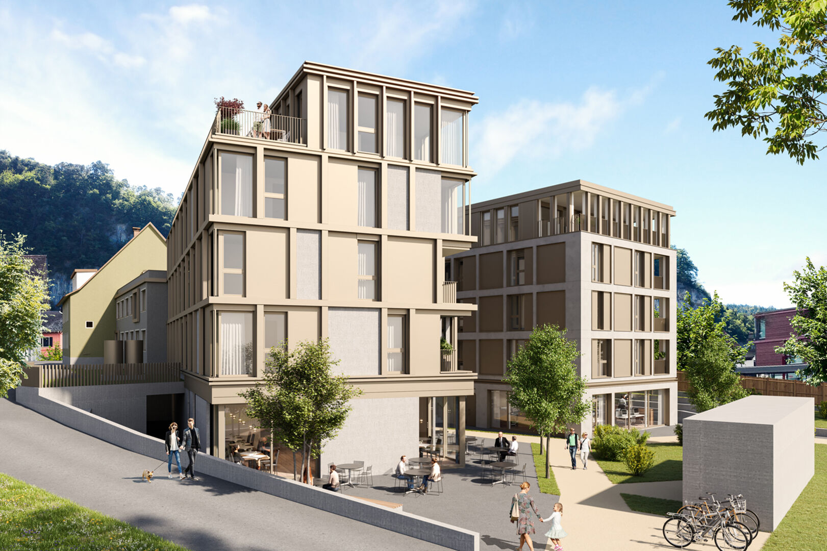 Erweiterung Garnmarkt Ost in Götzis: Zwei der neuen Baukörper sind für Gewerbe, Gastronomie und Mietwohnungen vorgesehen.