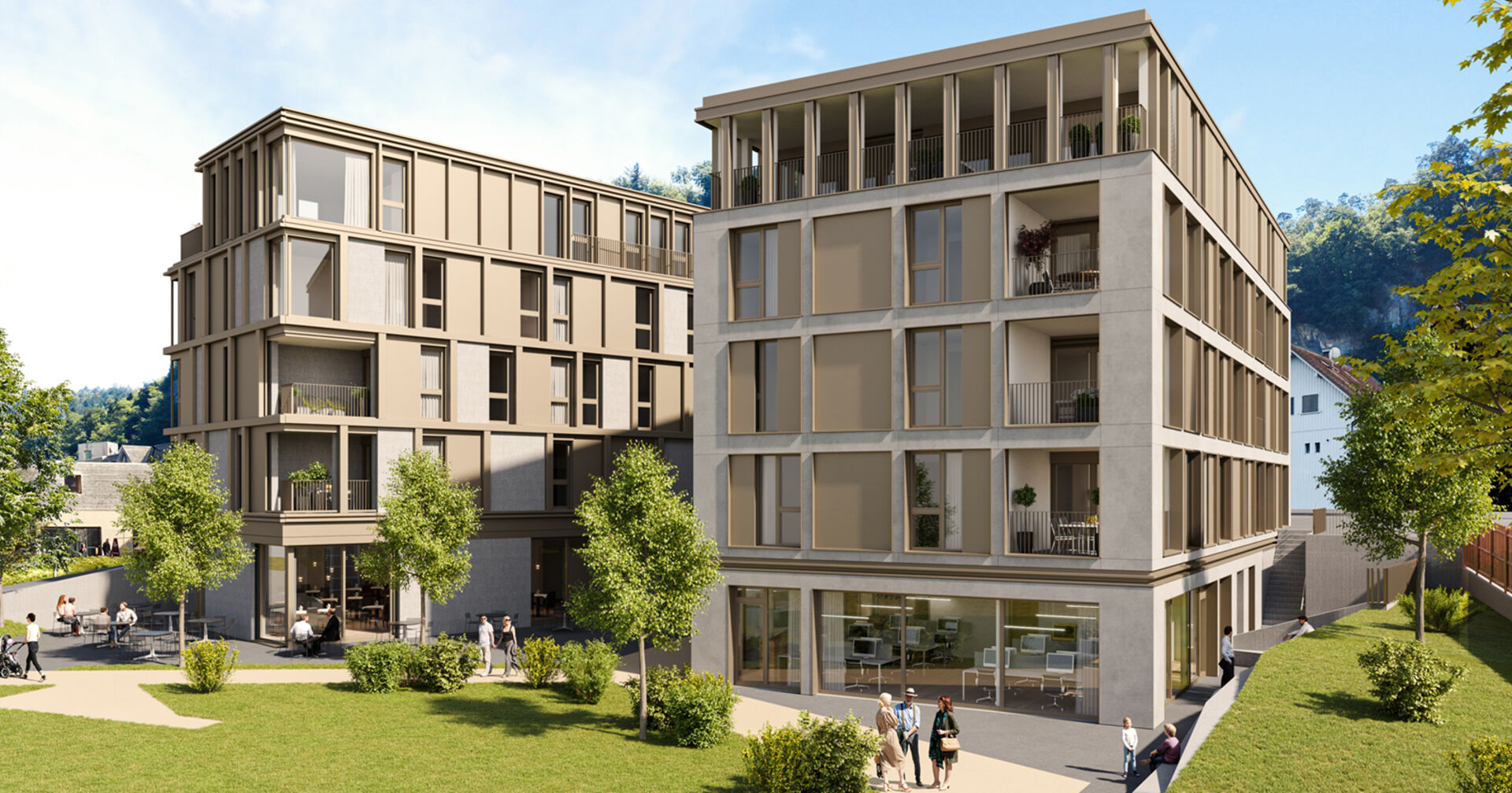 Erweiterung Garnmarkt Ost in Götzis: Öffentliche Wege und viel Grünraum im Garnmarkt Ost sorgen für eine angenehme Atmosphäre.